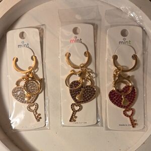 Mint Gold and Red Heart Keychain Trio